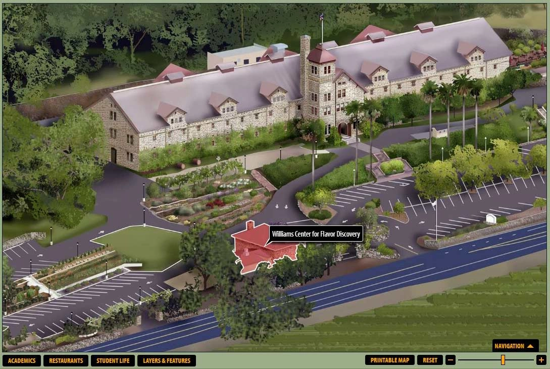 Map for the Gatehouse Restaurant in the Williams Center for Flavor Discovery on the grounds of the CIA Greystone in St. Helena, CA.